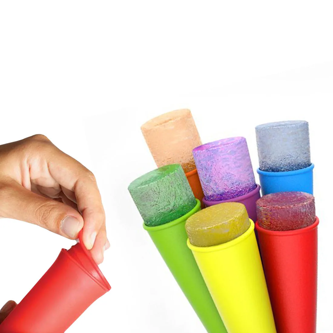 Six bright ice-pop sleeves in green, yellow, orange, purple, blue and red, with frozen pops inside