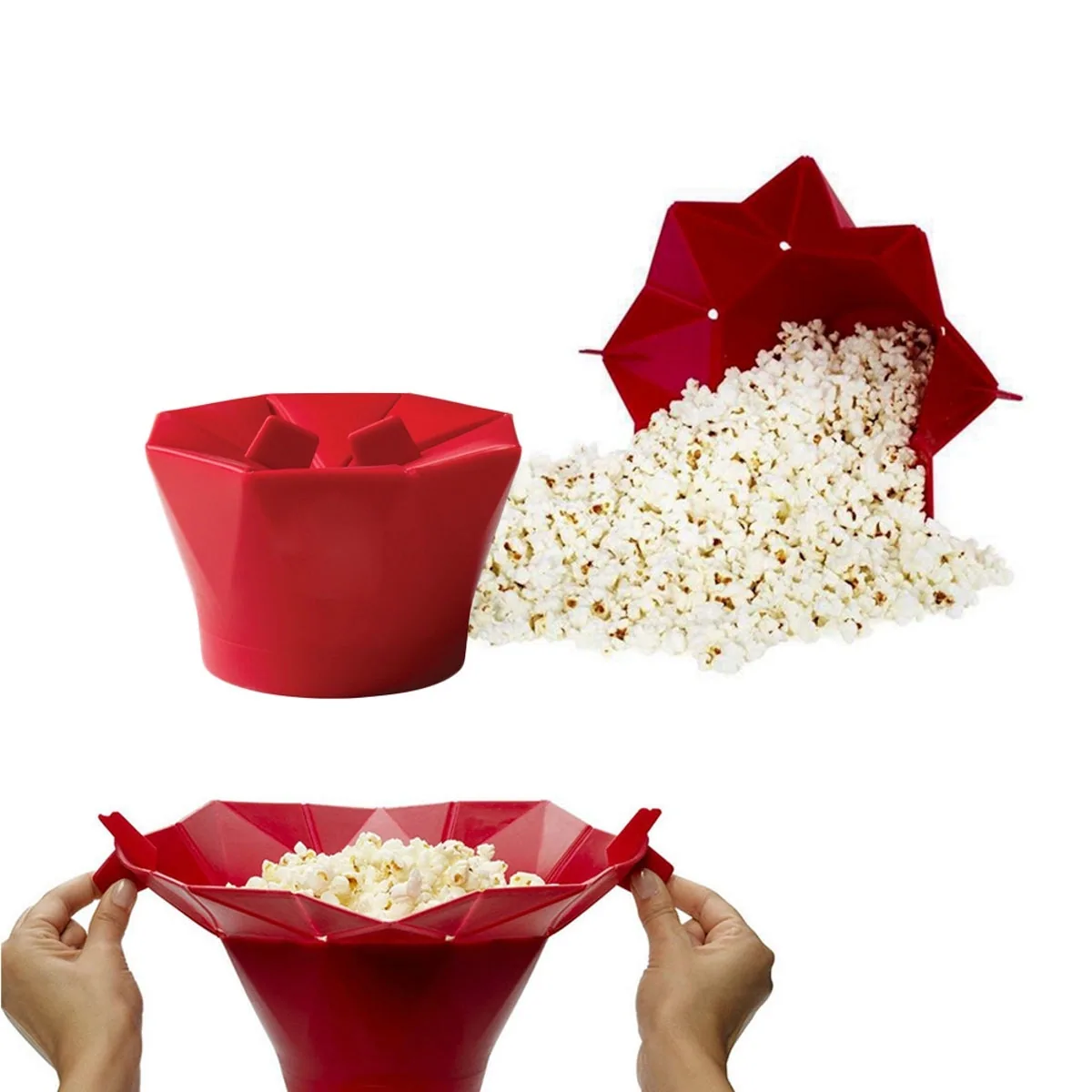 Red folding popcorn maker shown closed and opened into a bowl filled with popcorn